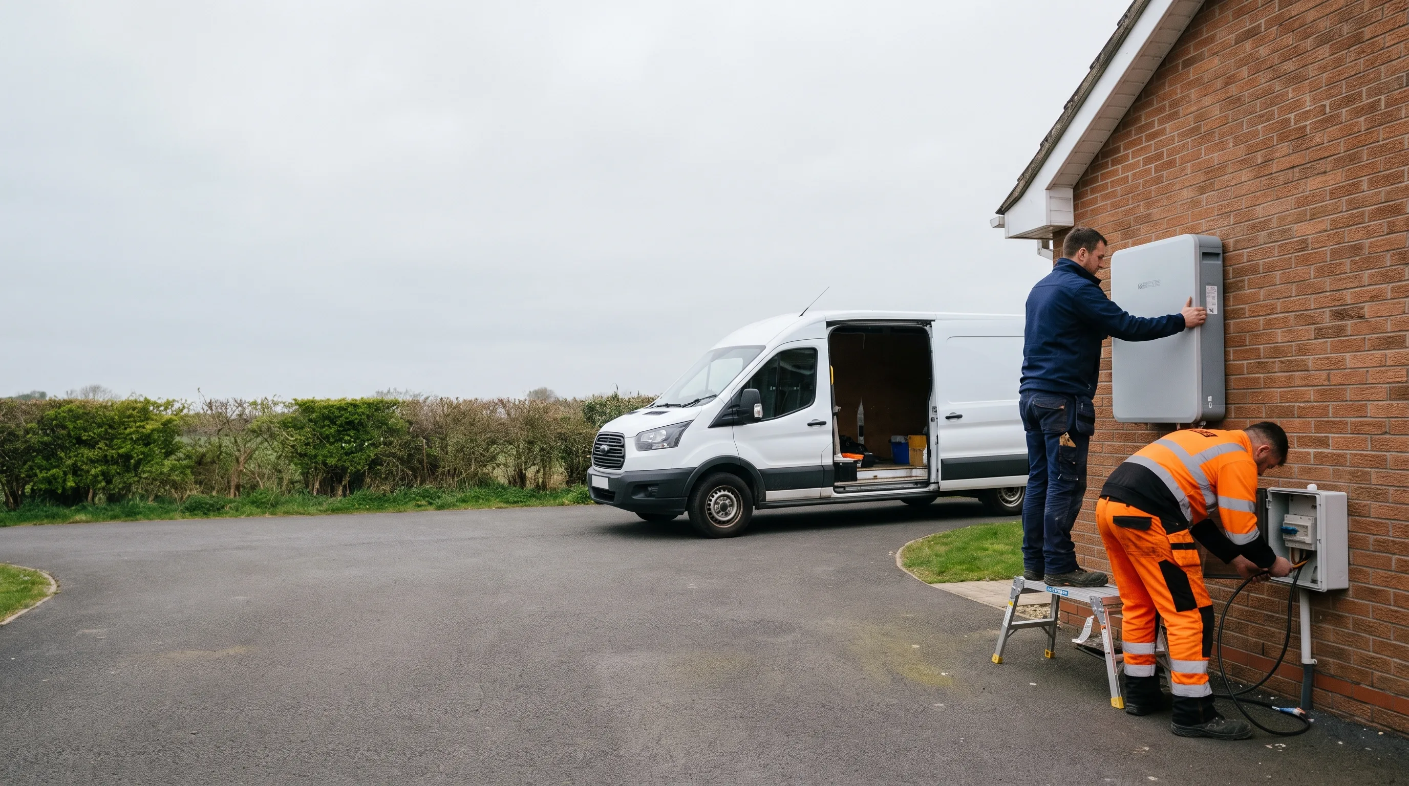 Two installers mounting a wall battery unit on the side wall of a house, with a van parked on the drive.