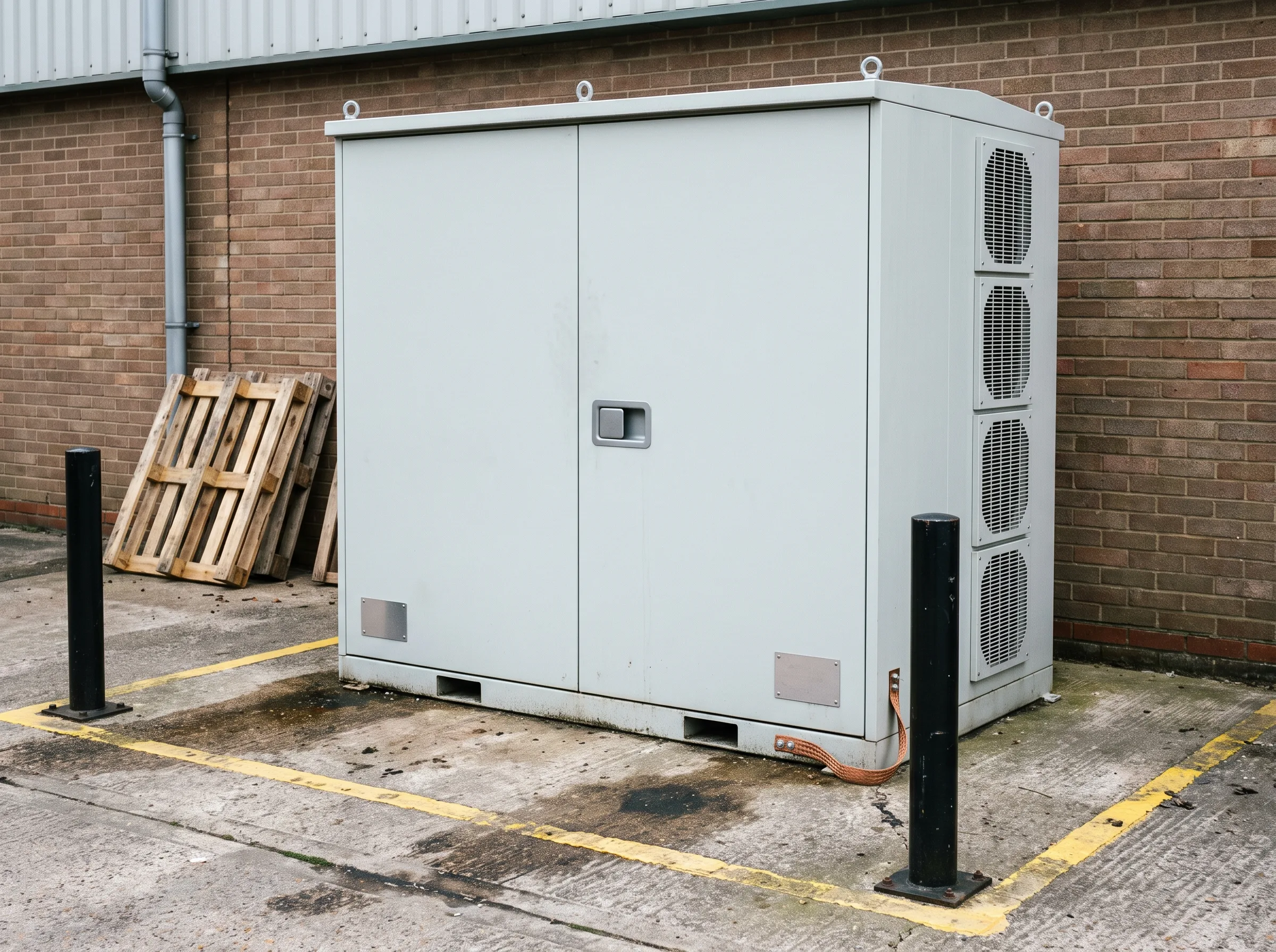 All-in-one commercial battery storage cabinet on a concrete pad in an industrial yard.
