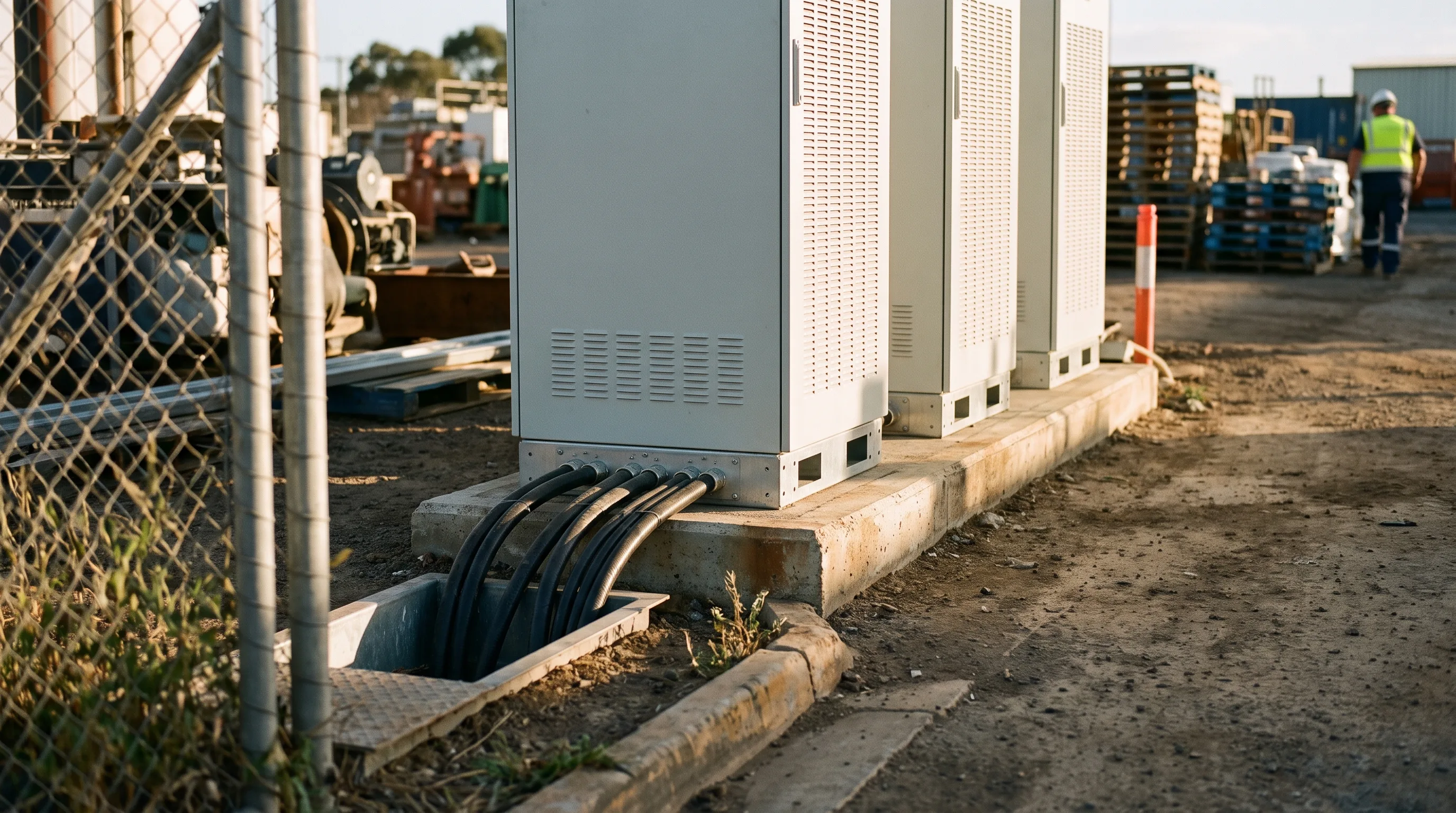 Two outdoor-rated Everstack C&I storage cabinets installed on a commercial roof deck, with the building's rooftop solar array behind them.