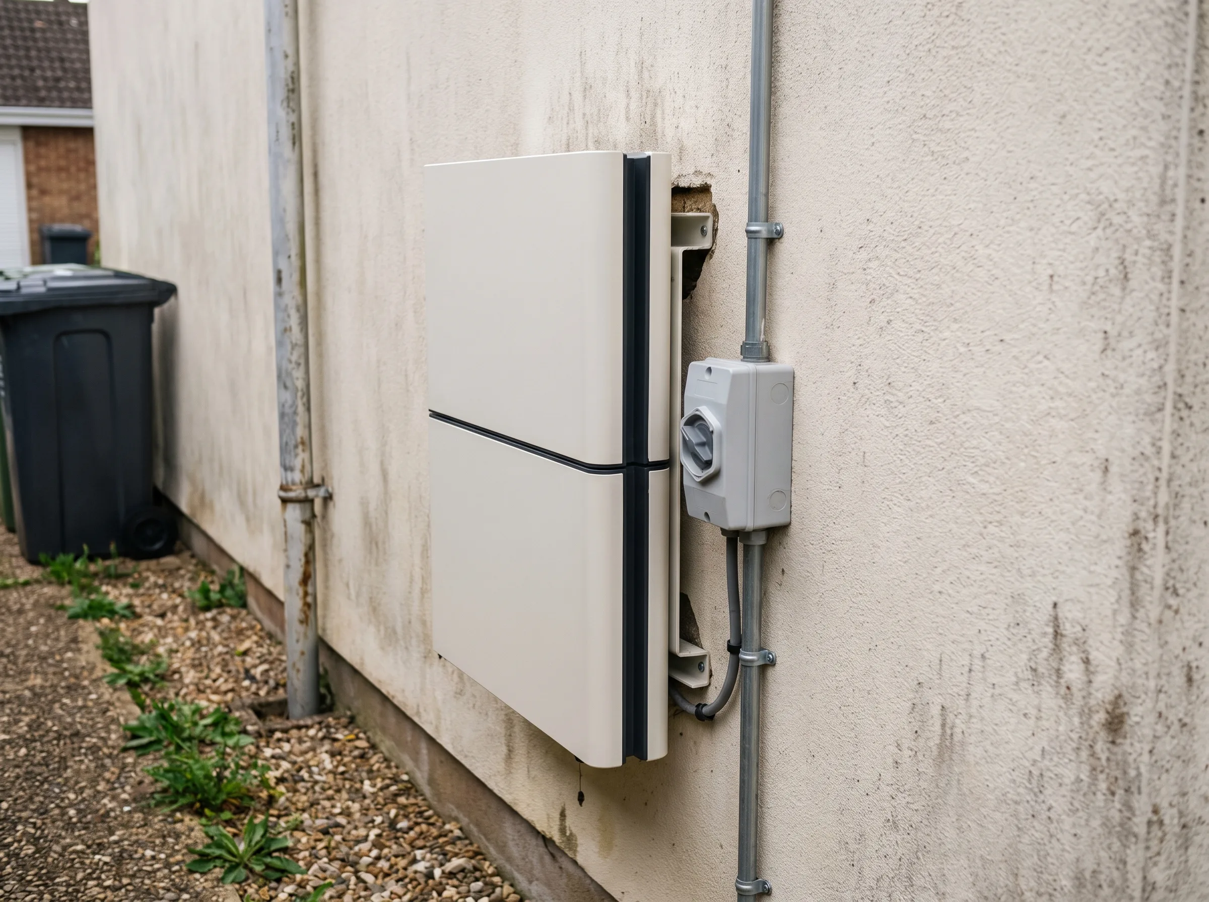 Wall-mounted home battery storage unit installed on the exterior wall of a house beside a meter box.