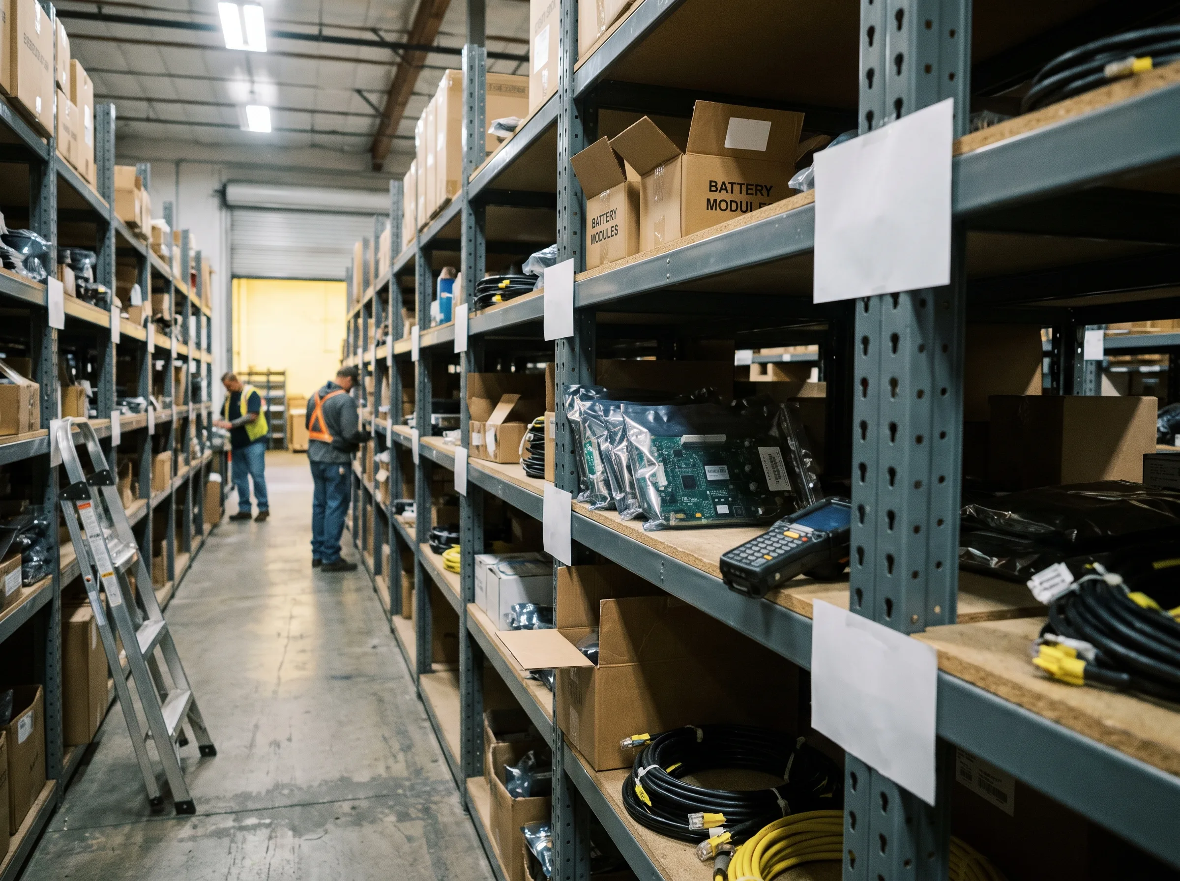 Aisle of a regional spare-parts warehouse with racking holding boxed battery modules and control boards.