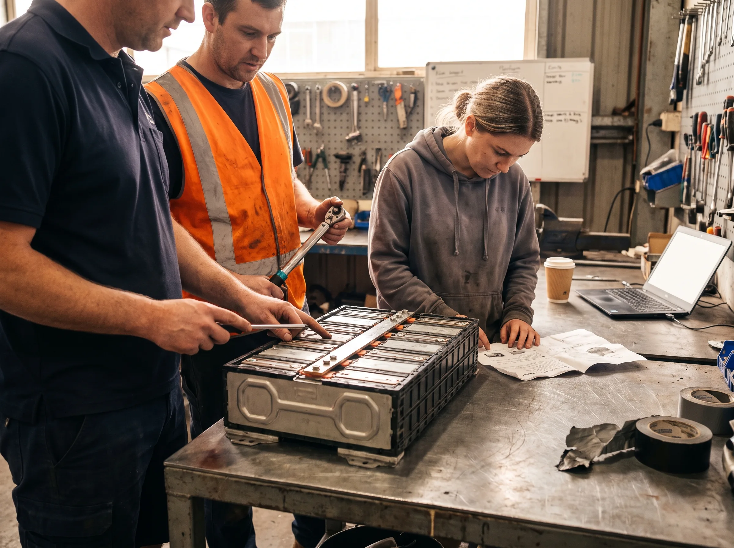 Four people in workwear standing around a cut-away battery module on a bench during an installer training session.