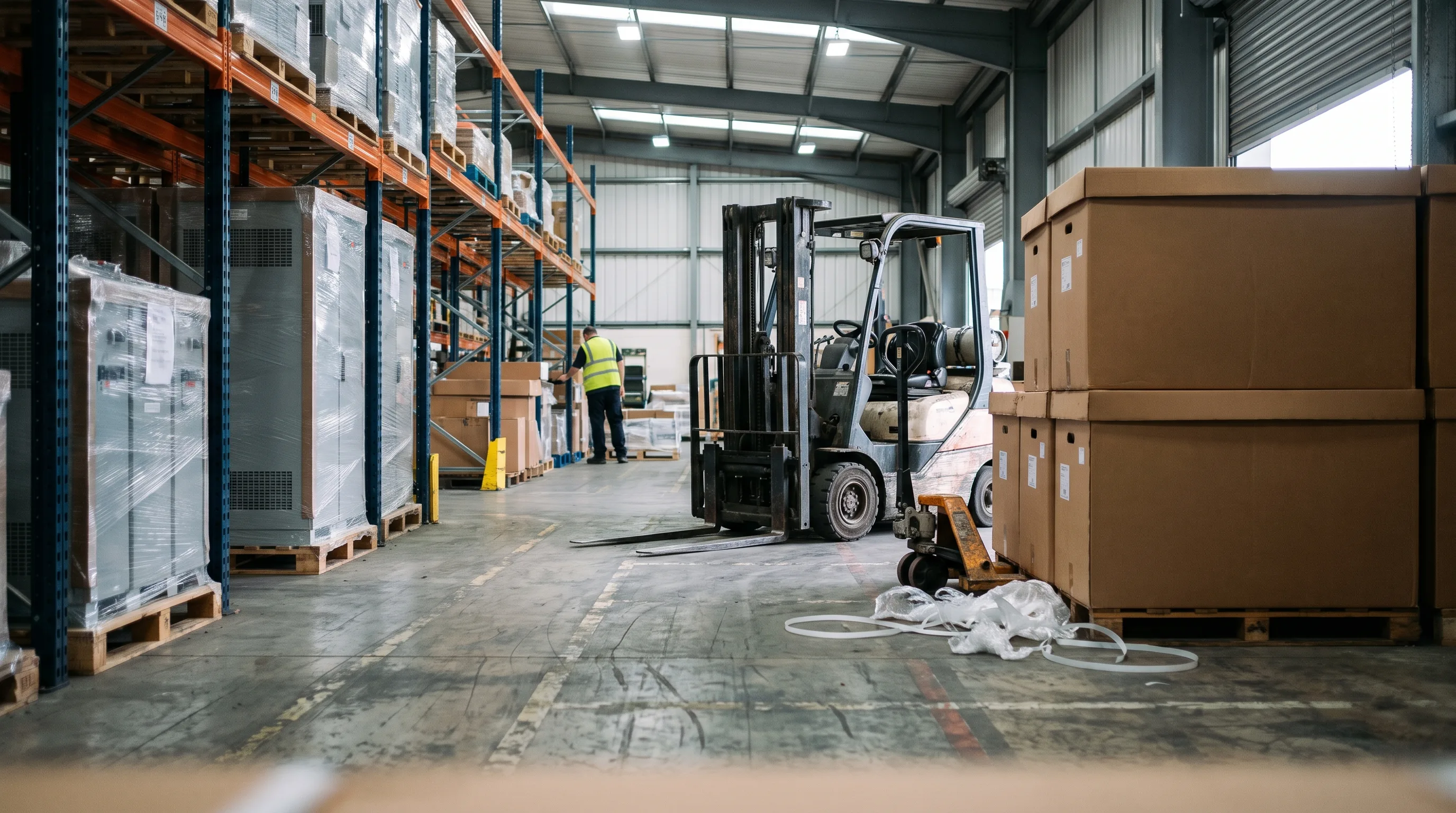 Rows of new battery storage cabinets on pallets inside a distribution warehouse.