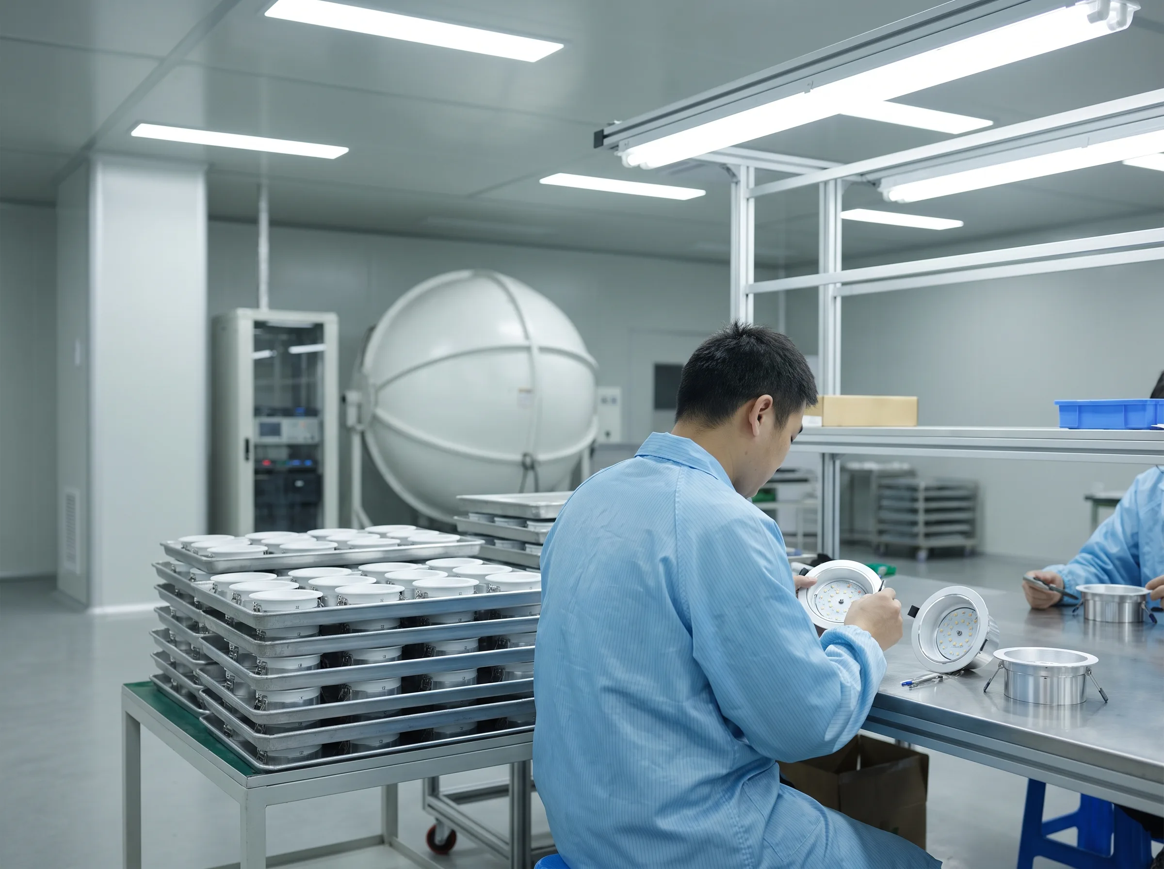 A worker in a light blue coat seated at an assembly bench fitting LED boards into aluminium downlight housings, with trays of finished housings stacked alongside.