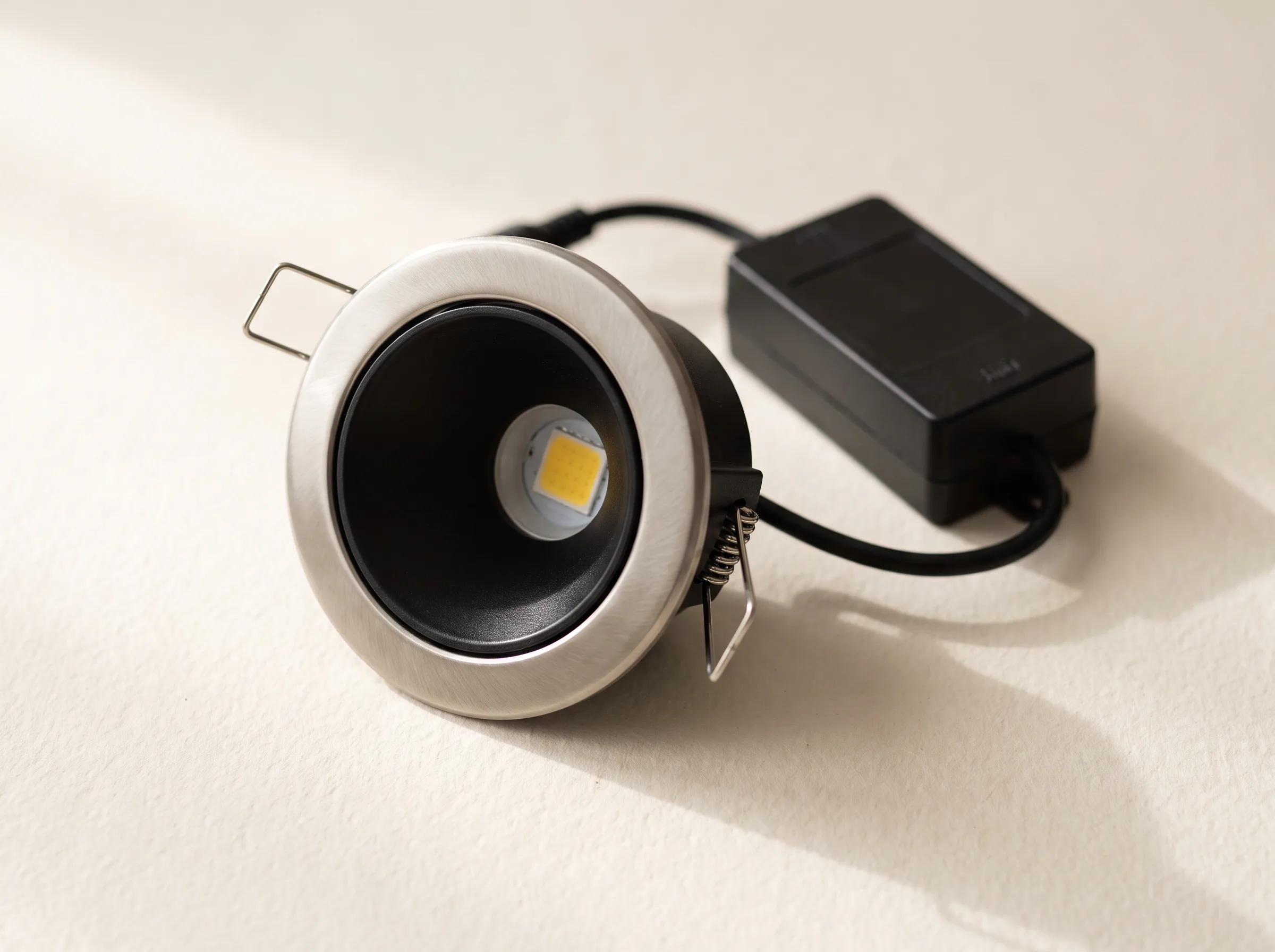 Round recessed LED downlight fitting on a plain backdrop, showing the trim ring, black baffle, driver box and spring clips.