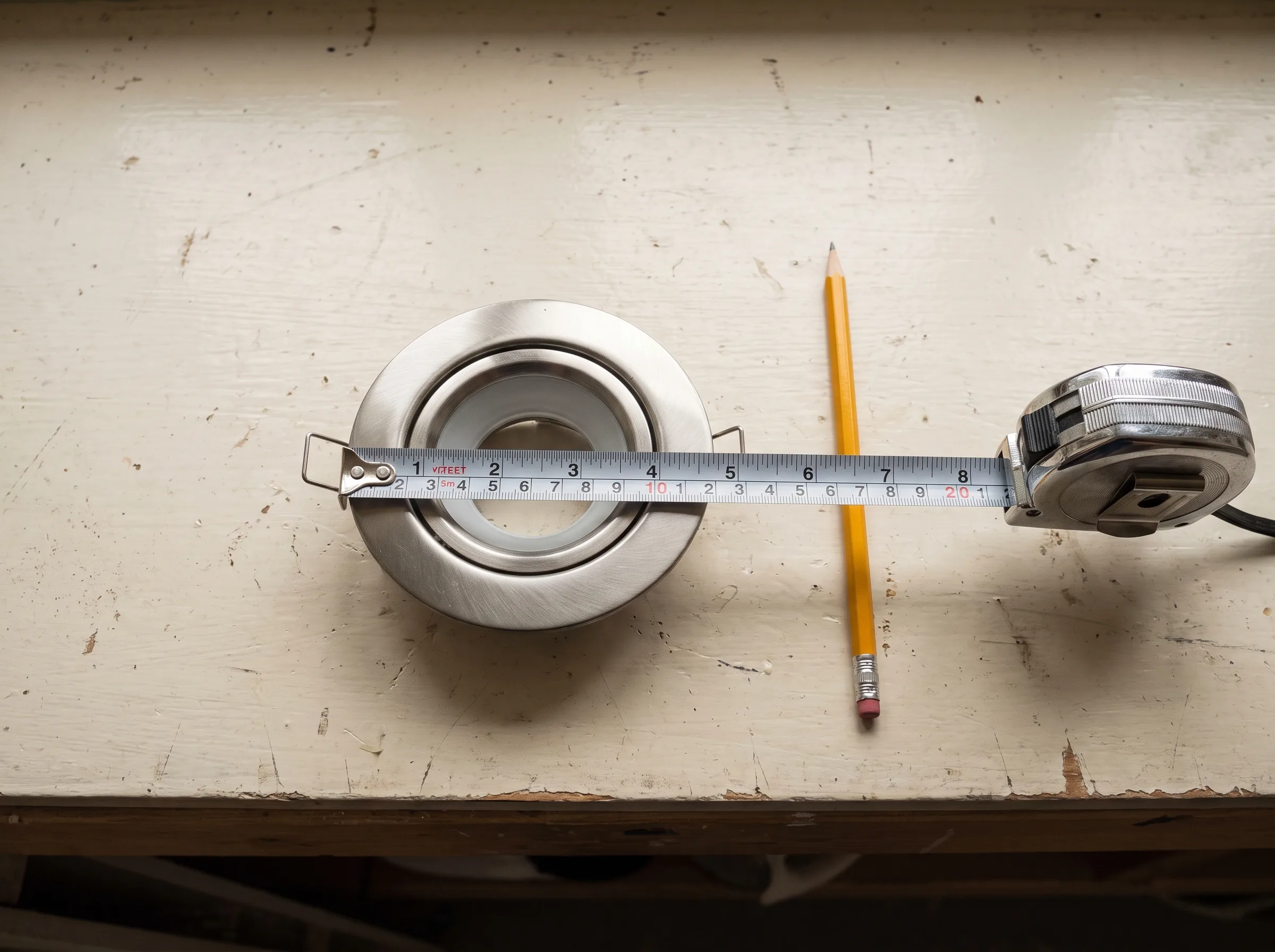 A recessed downlight fitting lying on a workbench beside an extended steel tape measure and a pencil, showing its diameter against both.