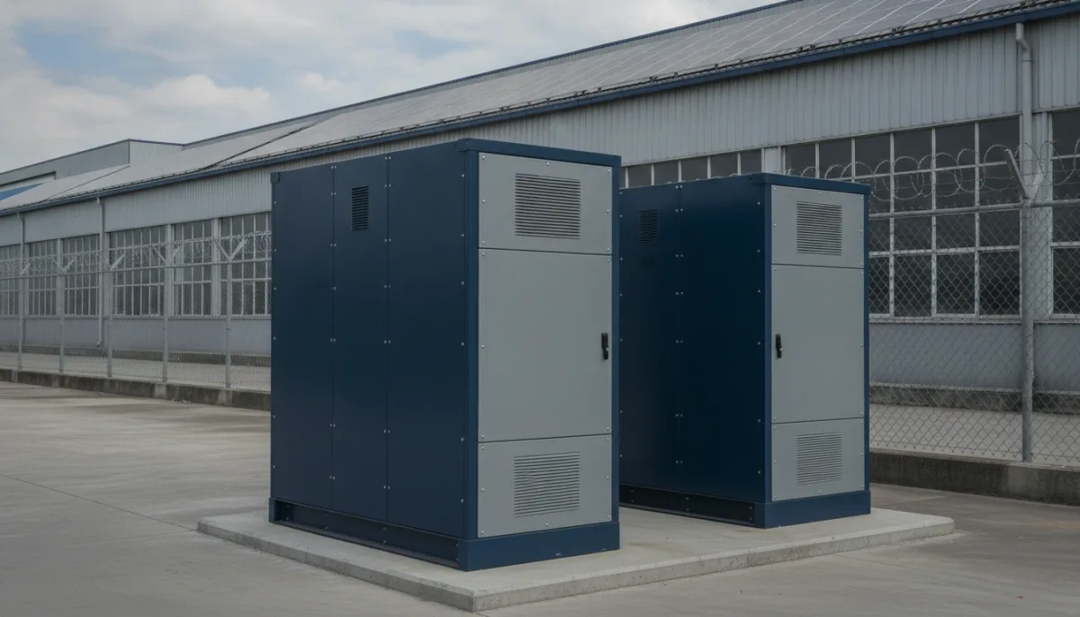 Two storage cabinets in a fenced factory yard with rooftop solar behind.