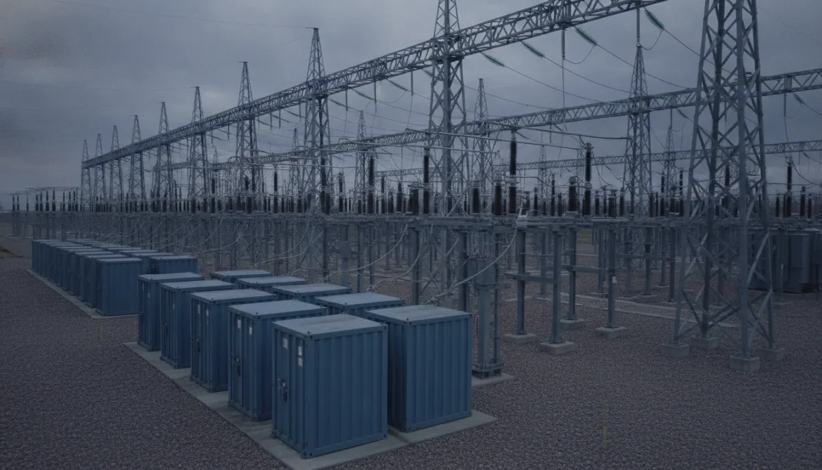 Storage containers on concrete pads inside a substation yard.