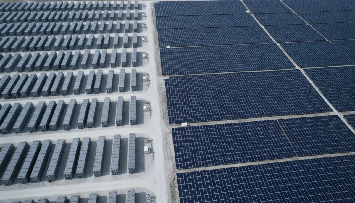 Aerial view of rows of storage containers beside dense photovoltaic arrays.