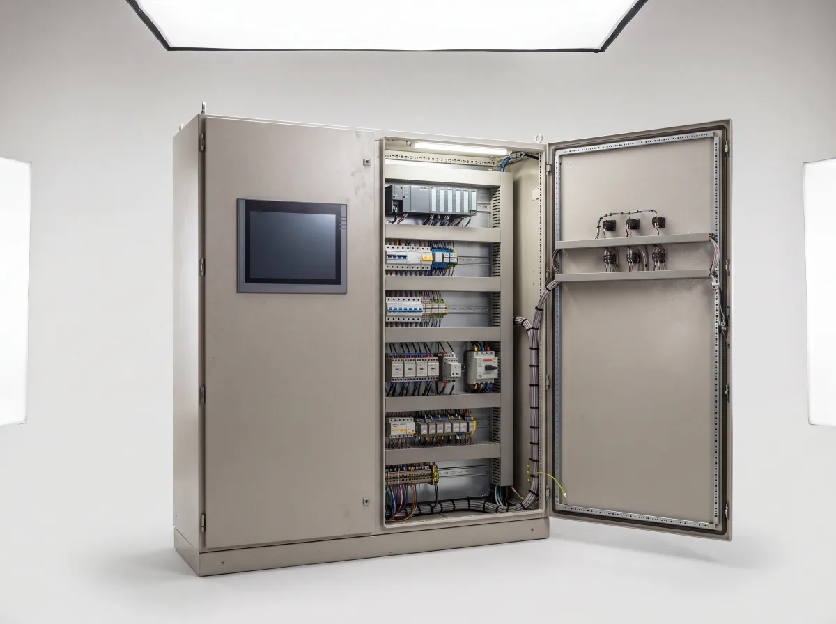 Energy management control cabinet with the door open, showing rack modules and wiring.