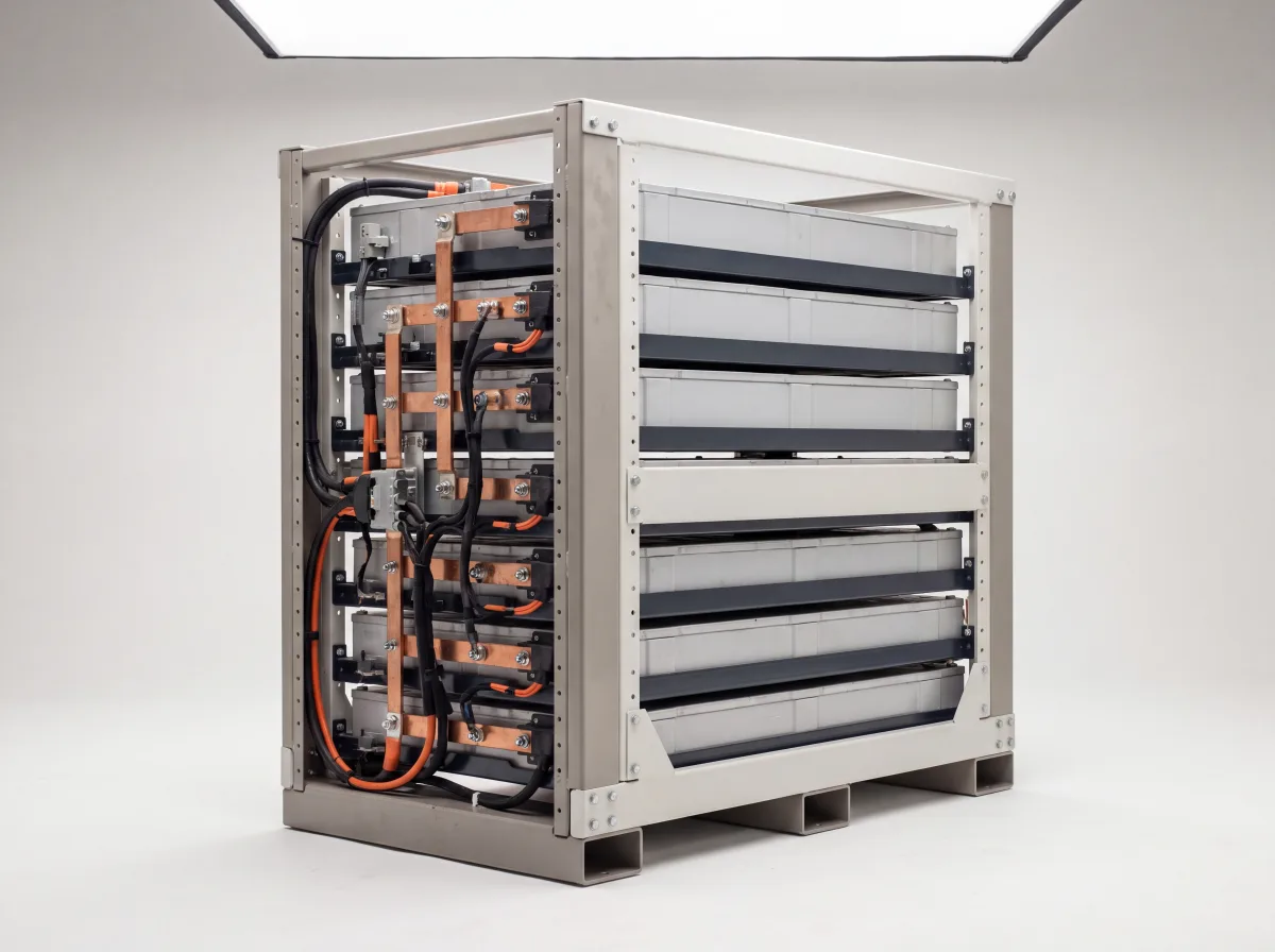 Steel rack holding stacked prismatic battery modules linked by copper busbars.