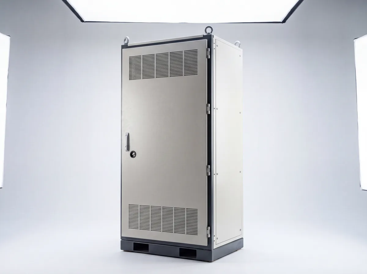 Floor-standing power conversion cabinet with sealed front door.