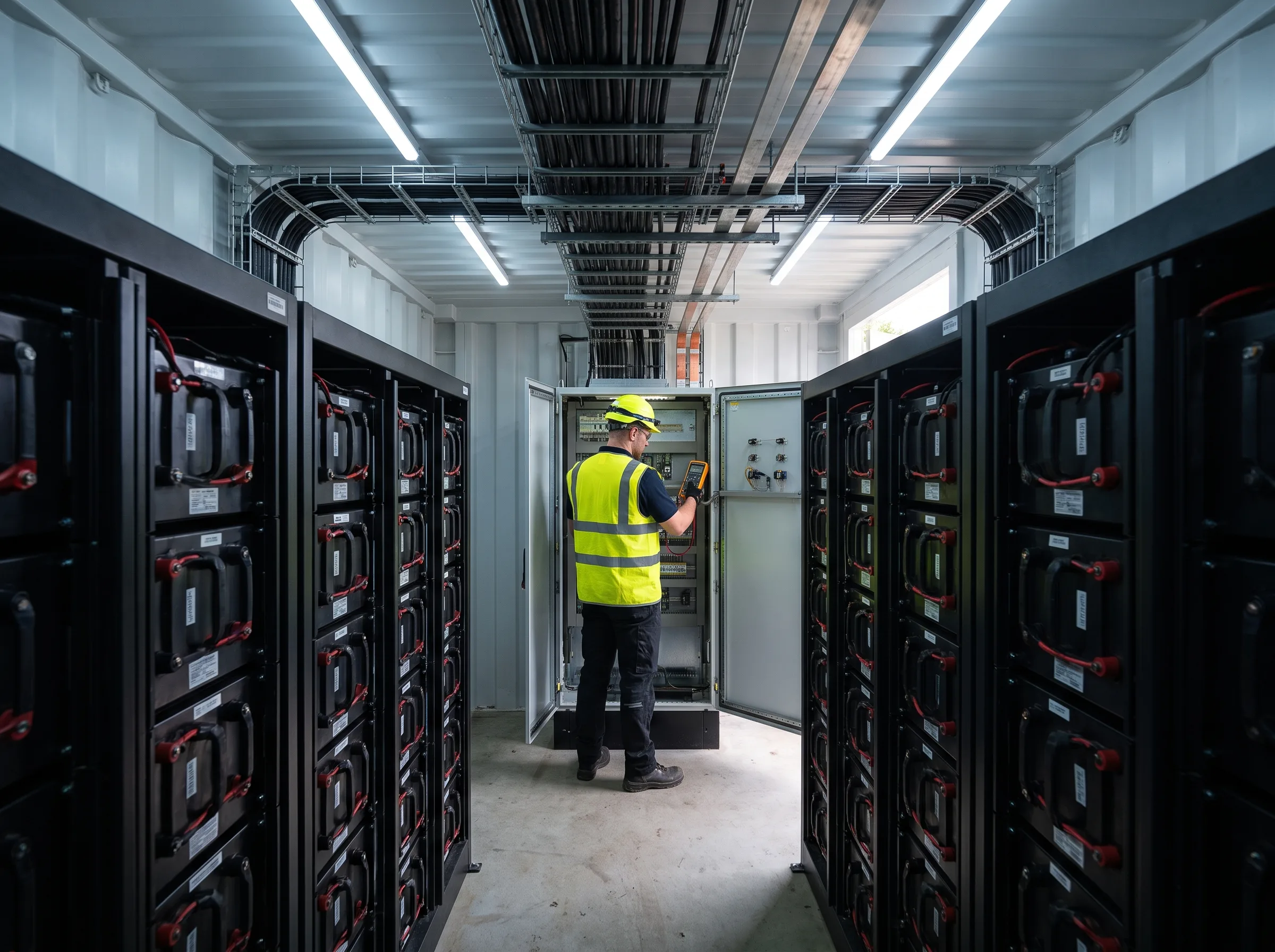 Technician in a high-visibility vest working at an open control panel inside a battery storage container during commissioning.