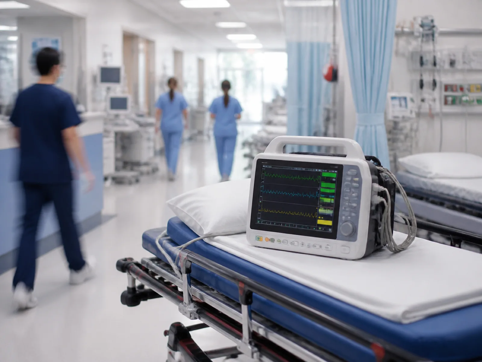 Portable transport monitor on a trolley in a hospital emergency department