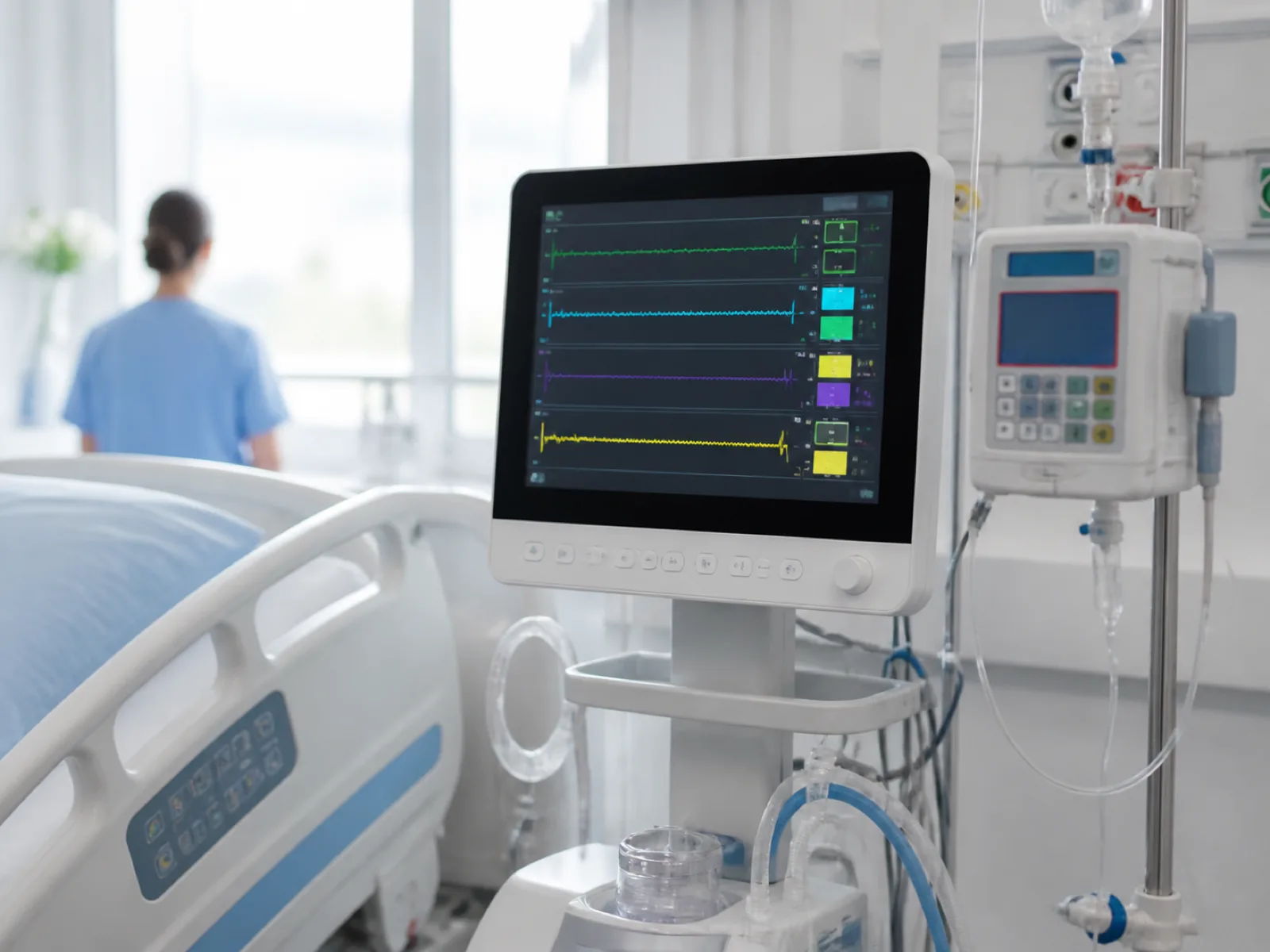 Patient monitor and infusion pump at an intensive care bedside