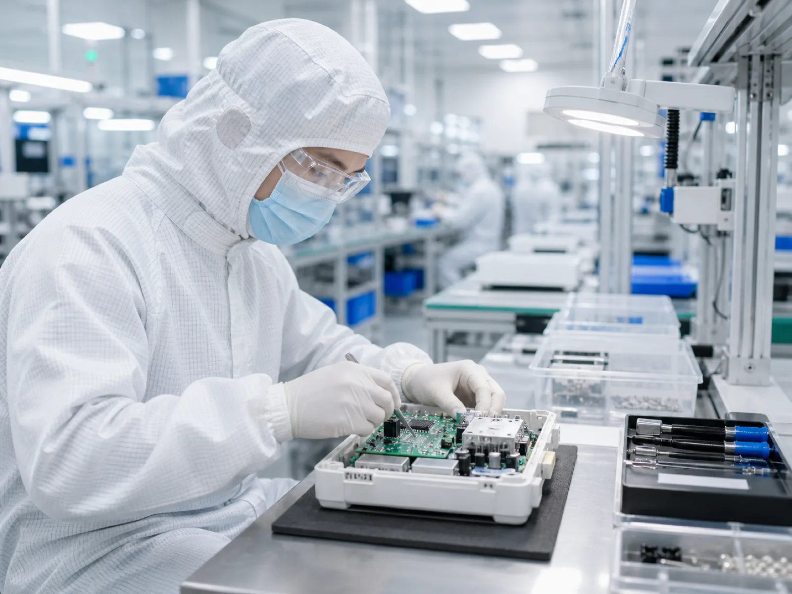 Technician in cleanroom garments assembling a medical device board at a lit workstation