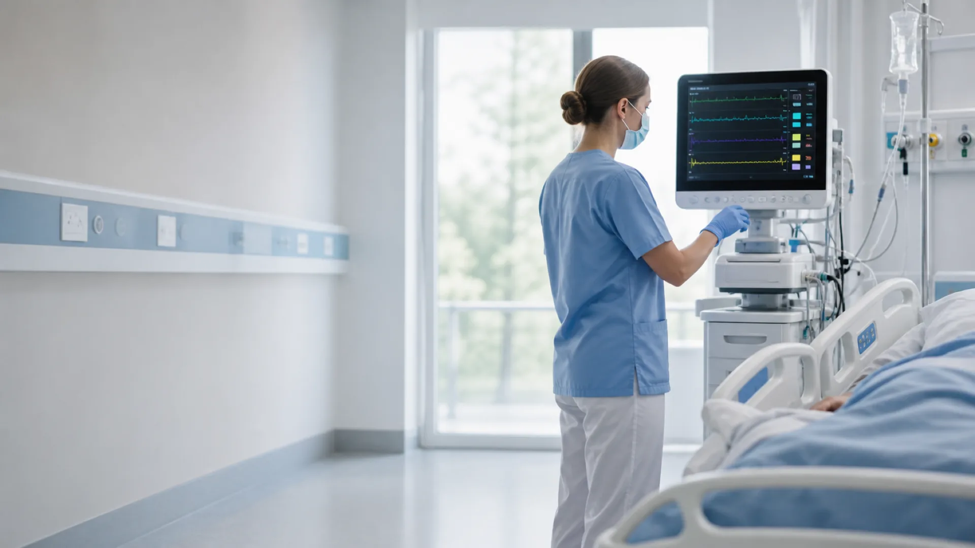 Nurse checking a bedside patient monitor in a daylit intensive care unit