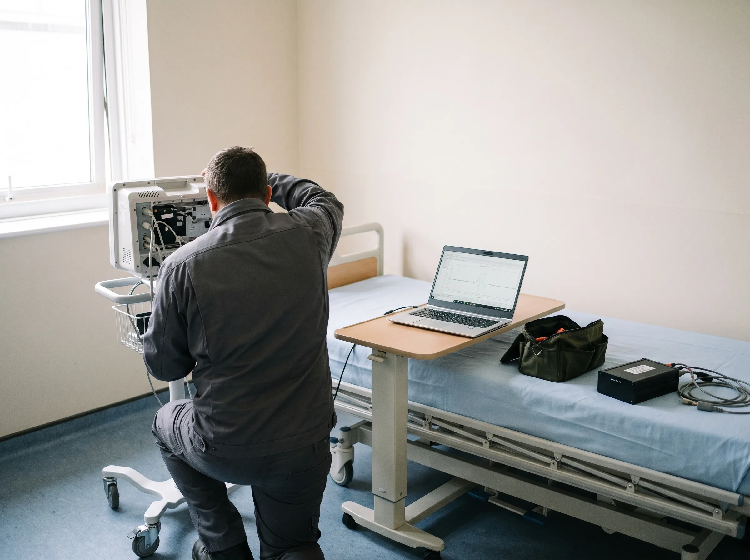 Field service engineer commissioning a patient monitor at an empty hospital bedside with a laptop on the bed tray