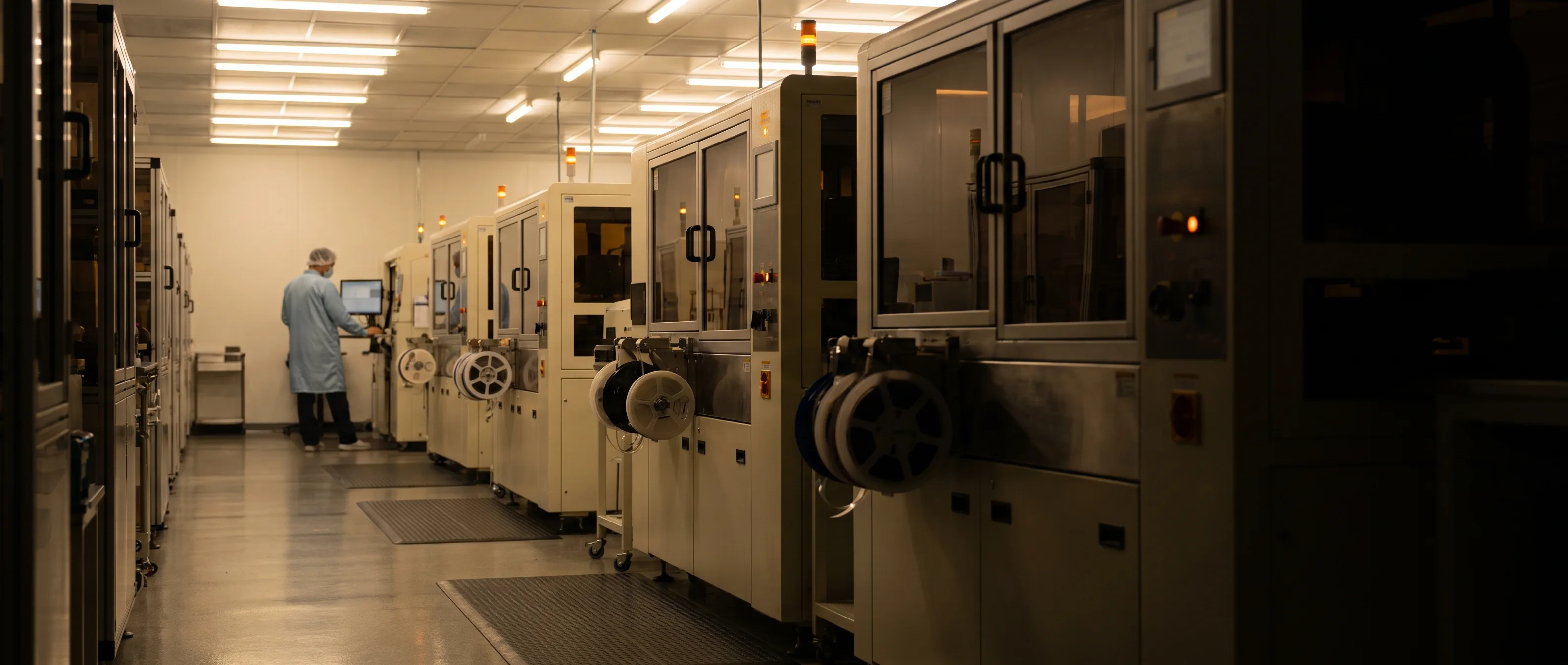 Semiconductor back-end assembly and test line with enclosed handlers and tape-and-reel spools.