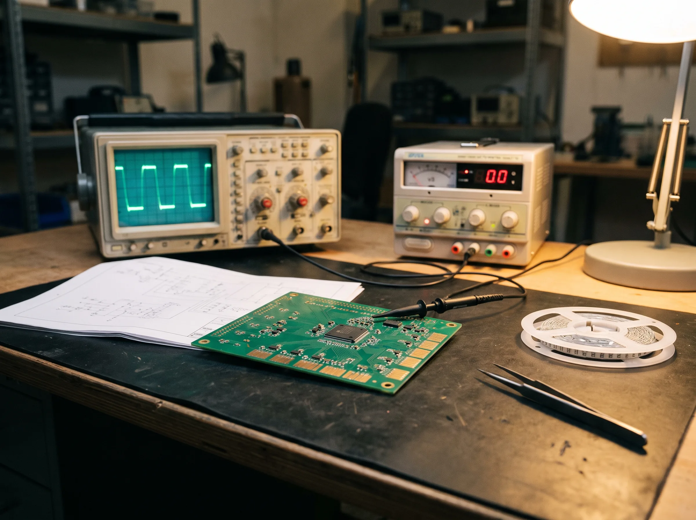 Hardware engineer's bench with a development board wired to an oscilloscope, a bench supply and a printed schematic.