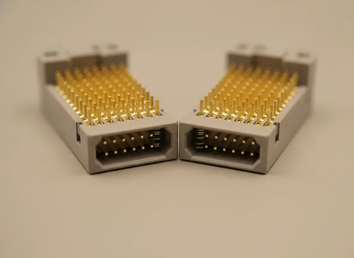 Macro photograph of a fine-pitch board-to-board connector pair with gold-plated contacts.