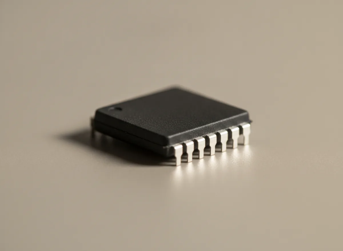 Macro photograph of a QFP microcontroller package with gull-wing leads.