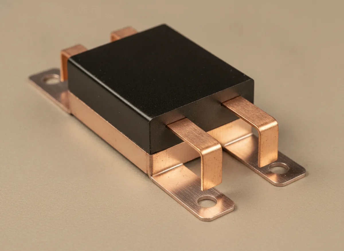 Macro photograph of a power module in a metal-tab package with thick copper leads.