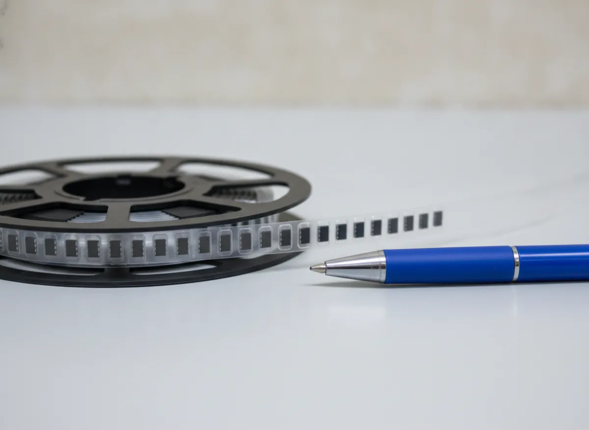Tape-and-reel of surface-mount components on a workbench beside a ballpoint pen for size reference.