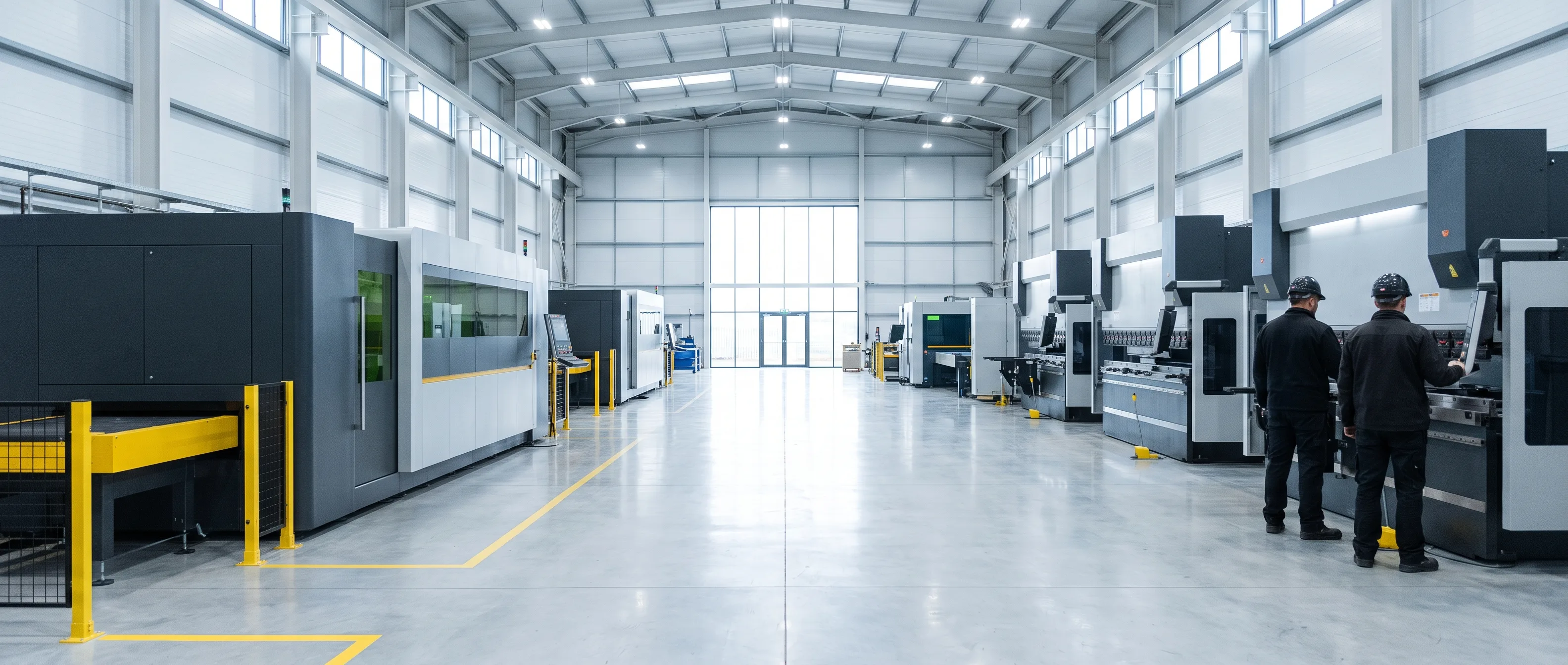 Interior of a contract sheet-metal fabrication shop with a fibre laser cutter on the left and a row of press brakes on the right.