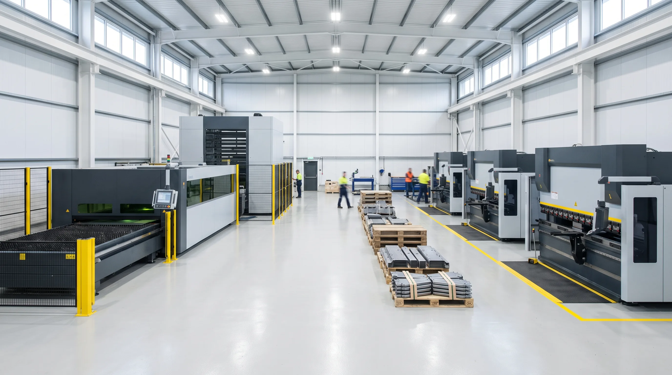 Interior of a metal fabrication plant with cutting and bending machines in rows and pallets of formed parts.