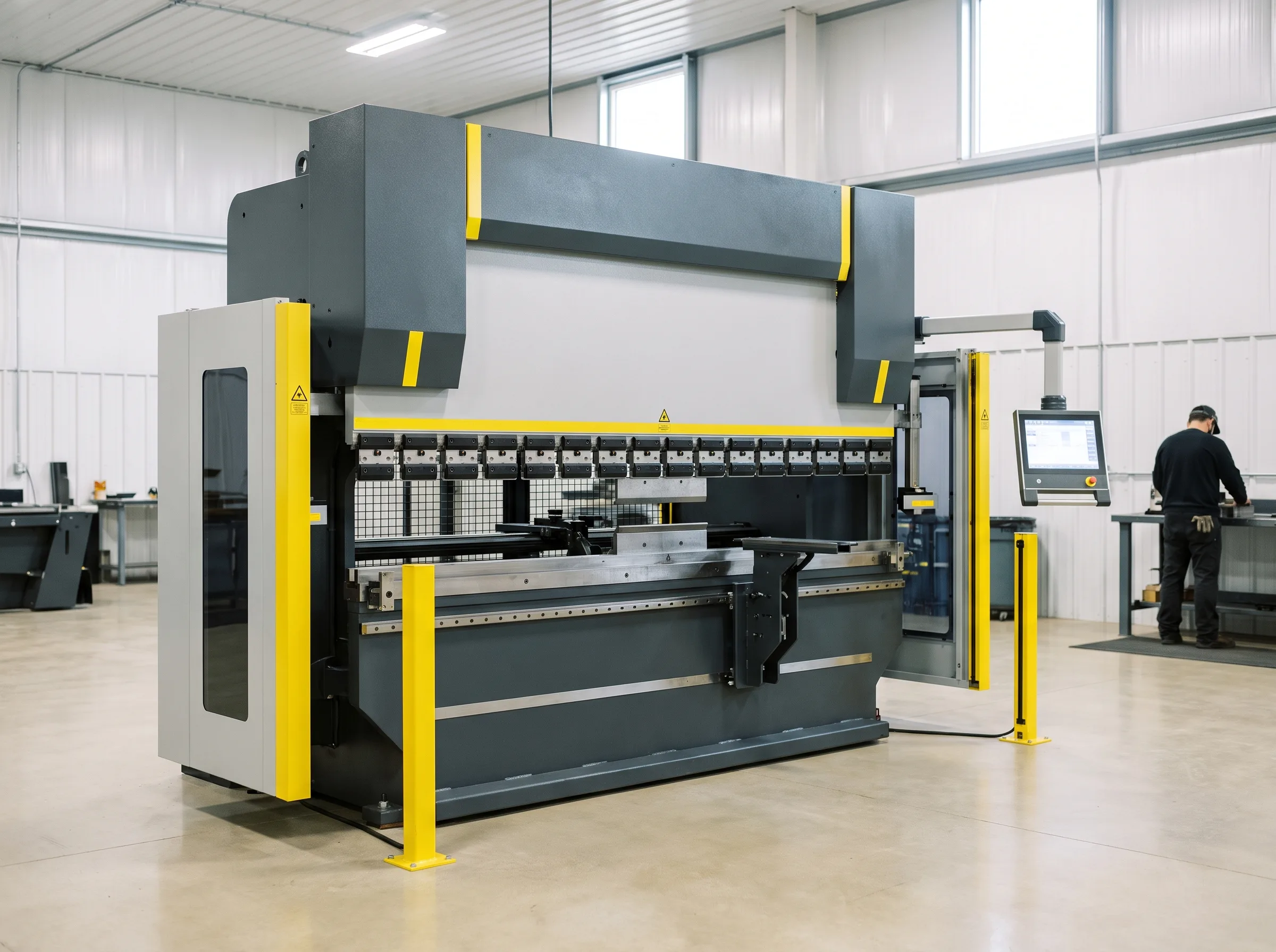 CNC press brake on the shop floor, three-quarter front view showing the upper beam, fitted tooling and yellow guard posts.