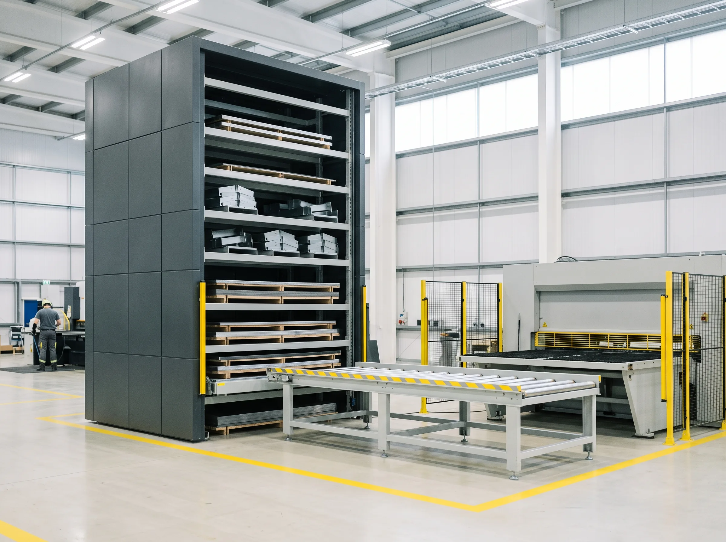 Automated sheet storage tower with its shuttle table extended toward a machine bed on the shop floor.