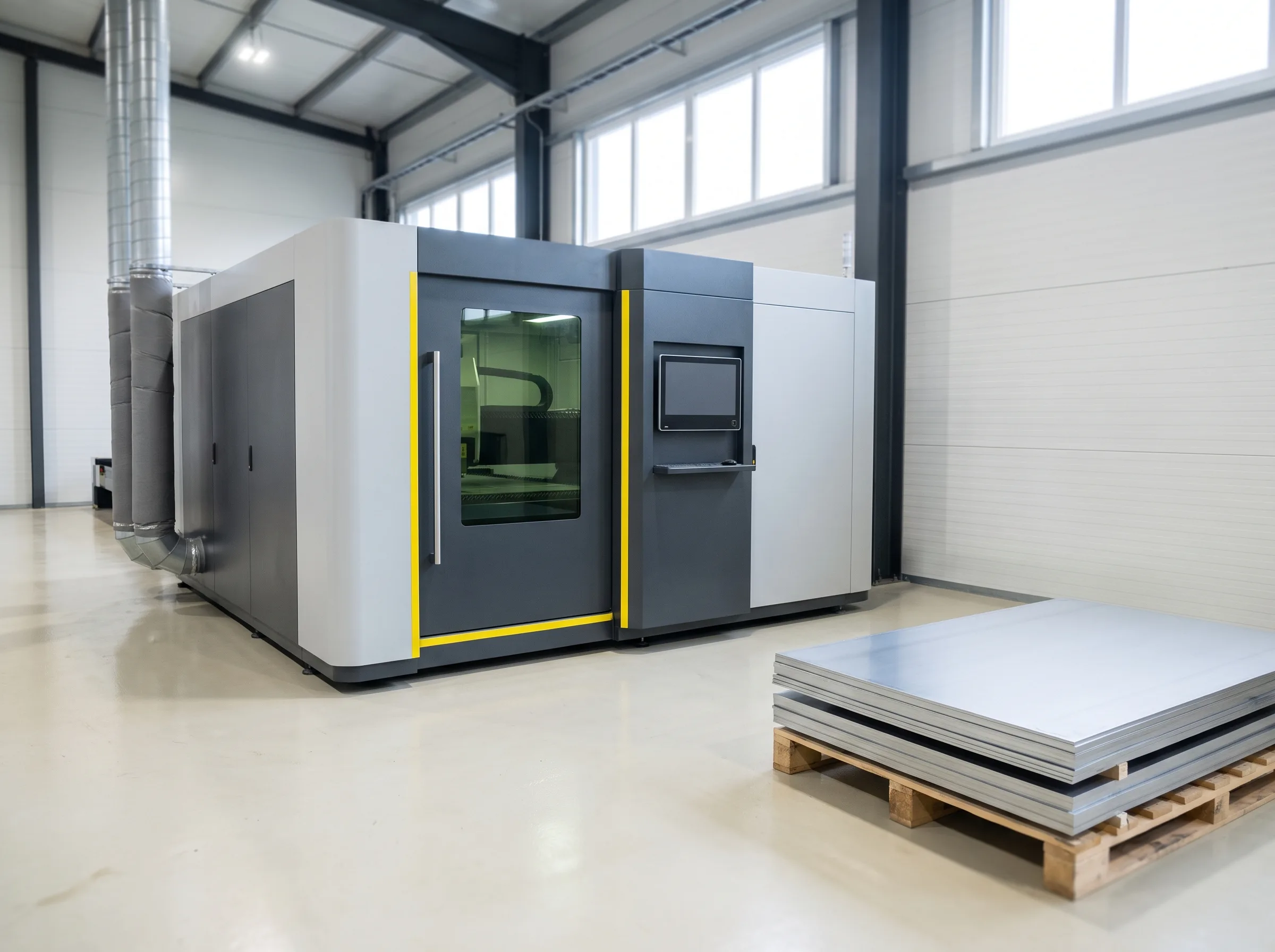 Enclosed fibre laser cutting machine on the shop floor, three-quarter front view, extraction ducting rising behind it.