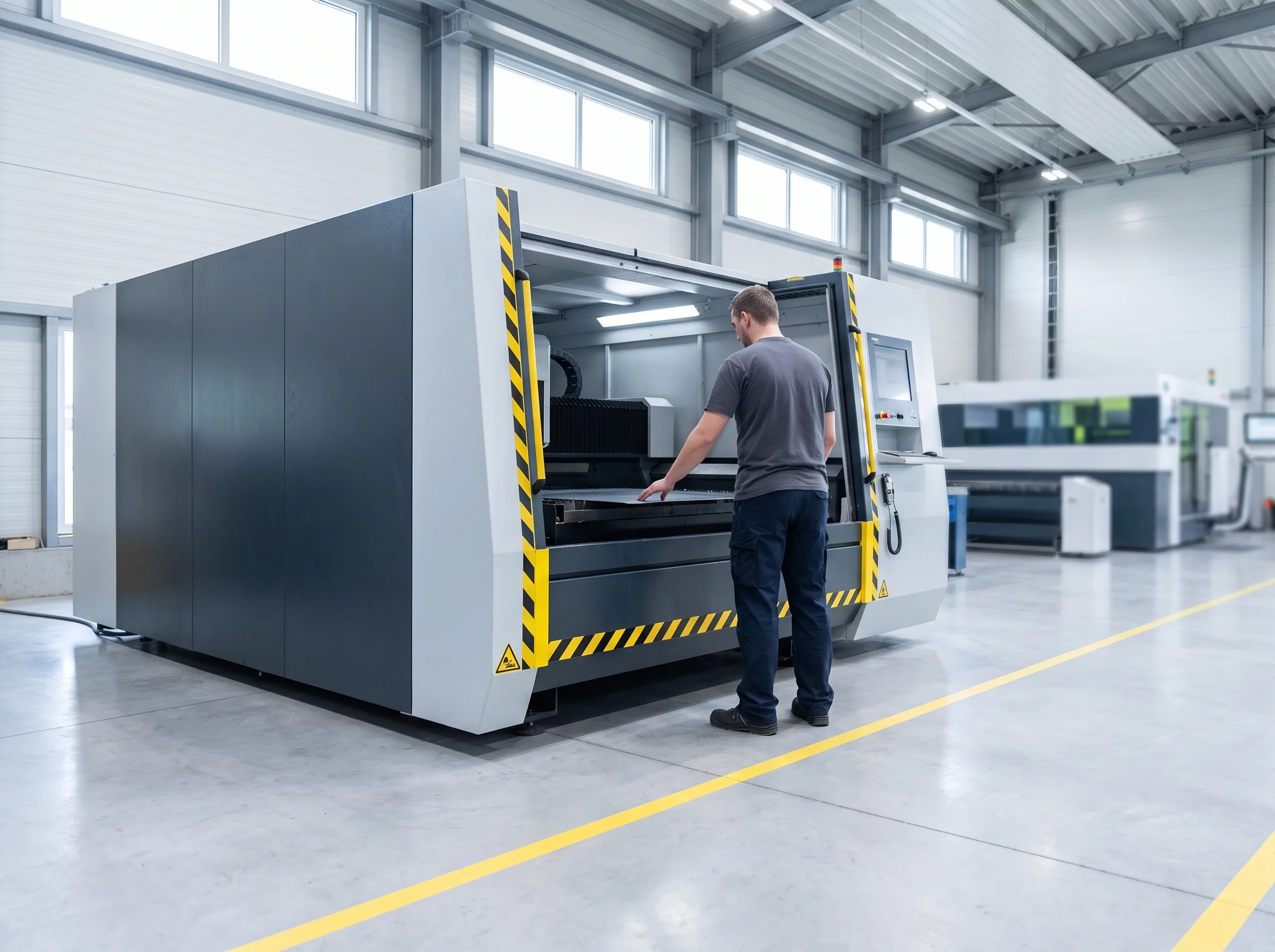 Fibre laser cutting machine on a workshop floor with a technician standing beside it for scale.