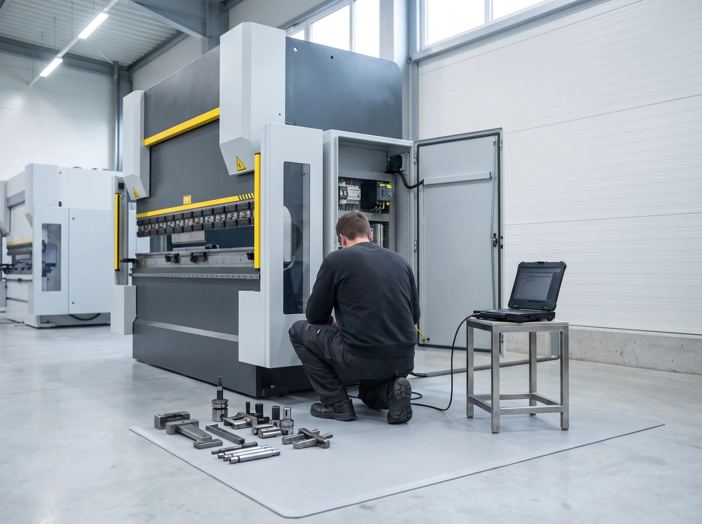 Service engineer working at the open side panel of a CNC press brake with a laptop on a stool beside him.